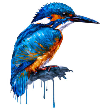 Splattered Elegance: Kingfisher's Poise" is an exquisite art piece where the fluidity of watercolor meets the sharp gaze of a kingfisher. This artwork is a must-have for those who appreciate the artis