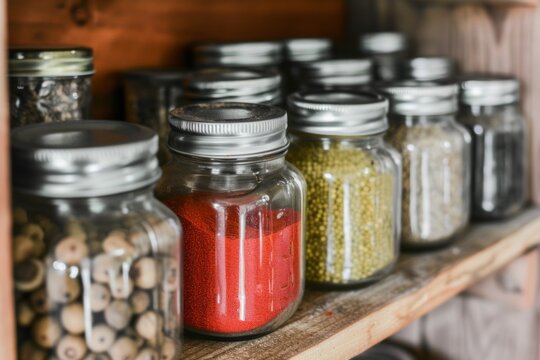 Wooden kitchen shelf with a variety of glass jars with organic spices and grains.