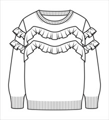 Long sleeve top for girls fashion CAD, crew neck sweatshirt with ruffles and drawstring detail technical drawing, template, model, flat sketch. Fashion design collection.
