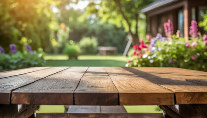 Empty wooden table. Summer time. Blurred backyard, green garden. Mock up