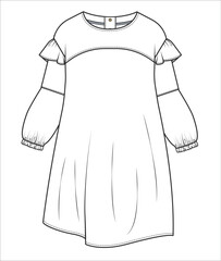 Dress Flat technical Drawing Vector illustration for Girls