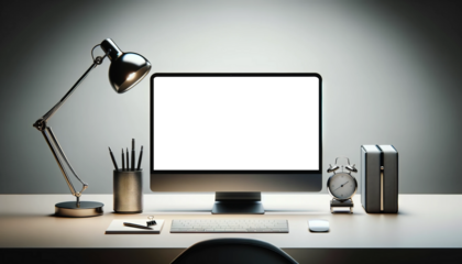 Hollow screen of a computer mockup on a desk in a slightly dimly lit environment