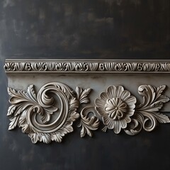 Decorative clay stucco with an ornament on a dark ceiling or wall in an abstract classic dark interior	
