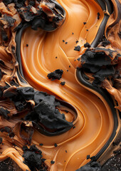 close up photo of runny caramel sauce with black cookies