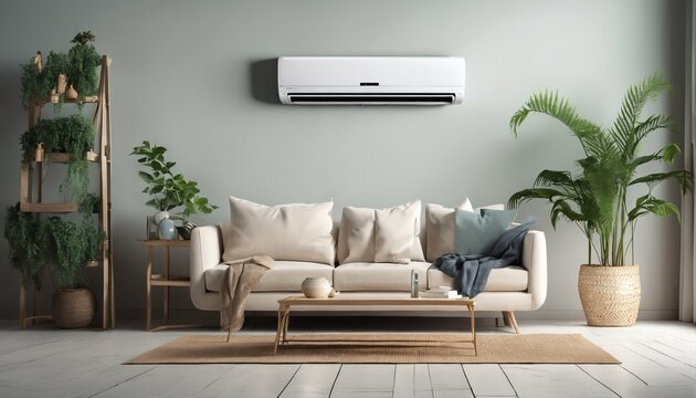 Living room interior featuring air conditioner for comfortable temperature during hot summer, cooling the room