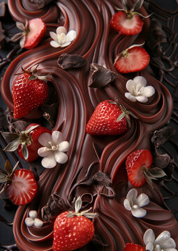 close up photo of delicious chocolate with strawberries and vanilla flowers