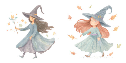 Slats personalizados crianças com sua foto cute witch watercolour vector illustration