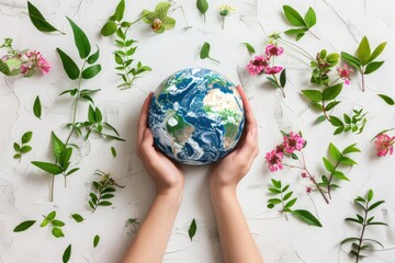 close up Hands holding earth globe, leaves and flowers on background, space for text, earth day - obrazy, fototapety, plakaty
