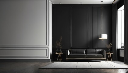 modern living room in minimalist style with an empty room and black wall background - 750063869