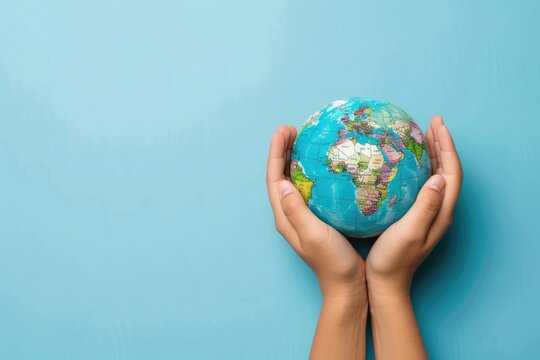 close up Hands holding earth globe, leaves and flowers on background, space for text, earth day