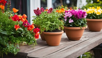 Fototapeta na wymiar Assortment of beautiful colorful flowers in pots for spring and summer patio decoration, banner layout