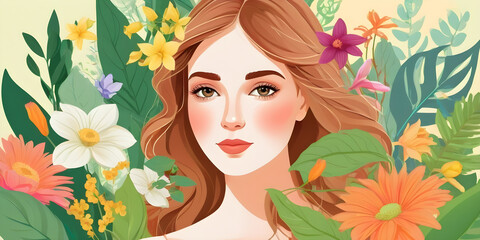 Garden and gardening. Vector colorful illustration of a cute woman on a floral background of flowers, leaves and plants for spring and summer background, banner or poster. Women's Day greeting card 