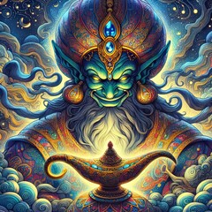 Illustration of a genie let out of a bottle, a fantasy rendition of a messenger of wishes