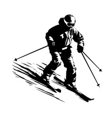 Silhouette of a skier on a ski slope, black silhouette on white background, editable svg, generated with AI