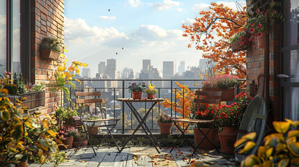A balcony with a bistro table, two chairs, a flower pot, and a view of the city.