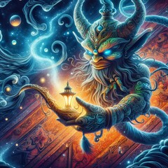 Fototapeta premium Illustration of a genie let out of a bottle, a fantasy rendition of a messenger of wishes
