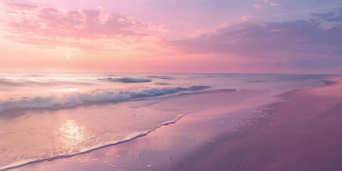 Serene pink sunset over gentle waves on a sandy beach - obrazy, fototapety, plakaty