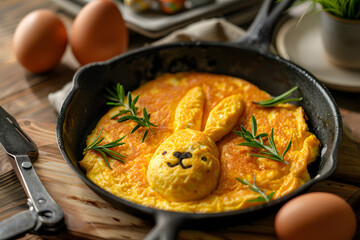 Omelet with bunny shaped in pan for Easter Day.