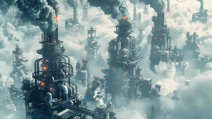 Industrial Landscape with Pollution, Environmental Concerns in Manufacturing, Aerial View of Factory Emissions