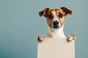 Portrait of cute dog holding up empty paper in studio background. - obrazy, fototapety, plakaty