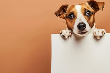 Portrait of cute dog holding up empty paper in studio background. - obrazy, fototapety, plakaty