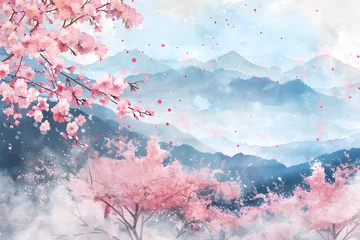 Fototapeten Sakura flower with mountain view landscape background in watercolor style. © Pacharee