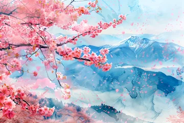Poster Sakura flower with mountain view landscape background in watercolor style. © Pacharee