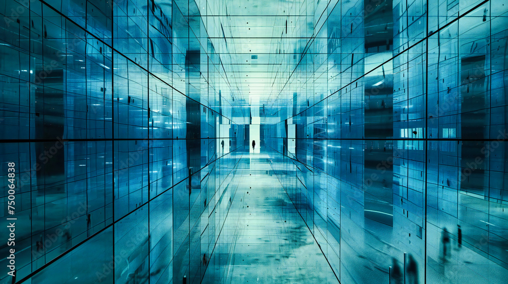 Poster pathway to the future: illuminated corridor in a modern building, symbolizing progress and architect