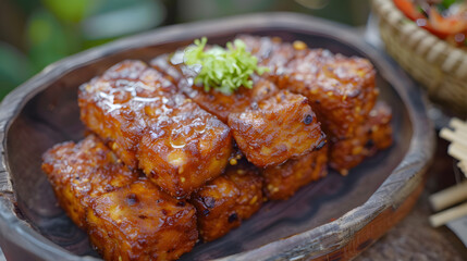 Fototapeta premium Glazed tofu cubes on wooden plate