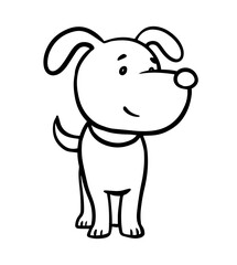 Cute domestic dog. Friendly funny pet. Face puppy animal. Cartoon vector black and white illustration. Hand drawn sketch outline