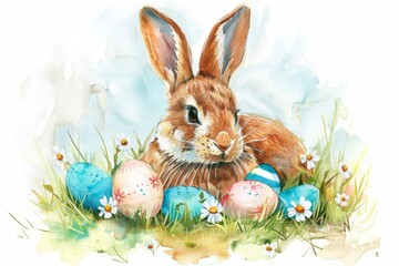 Watercolor illustration Easter banny, eggs, flowers on a white background. Watercolor cute rabbit.
