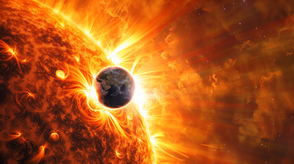 Earth move around near buring sun and blaze down on outer space background . Global Warming concept .