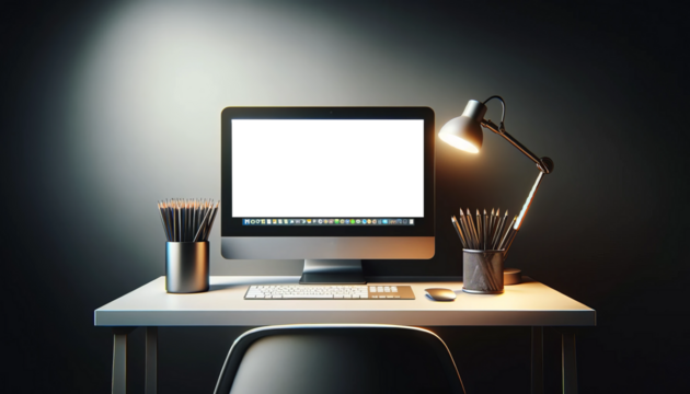 Blank computer screen mockup, working environment in a dimly lit room