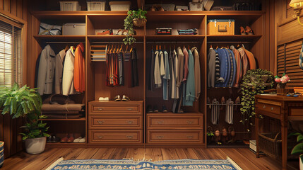 A closet with a wardrobe, a dresser, a mirror, and a shoe rack.