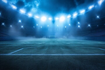 Illuminated american football stadium with projectors at night. Sports background concept - obrazy, fototapety, plakaty