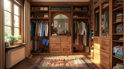 A closet with a wardrobe, a dresser, a mirror, and a shoe rack. - obrazy, fototapety, plakaty