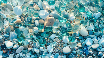 light blue aqua pebbles gemstones polished textured 
 glass  on the seashore summer beach background