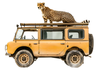 Cheetah and leopard perched on trees amidst a variety of vehicles in a vibrant, adventurous scene