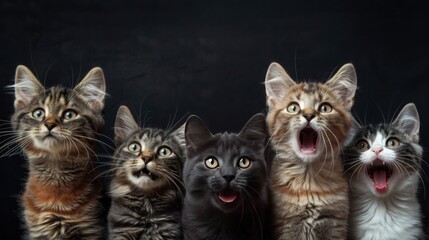 Collection of cute cats surprised looking up, black background AI generated image - obrazy, fototapety, plakaty
