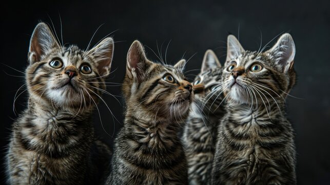 Collection of cute cats surprised looking up, black background AI generated image