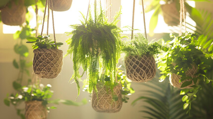 A cluster of macrame plant hangers suspended from the ceiling, each one cradling a lush green fern...