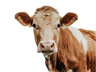 Cow looking in front view, on white, flies on the nose and eyes, red and white stock, happy and isolated cut out
