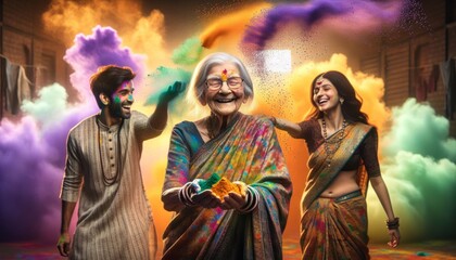 
An elderly smiling woman in traditional Indian sara, sprinkles colored paints on the youth,surrounded by a cloud from colored paints.Colorful, Joyful Celebration of Holi Festival - obrazy, fototapety, plakaty