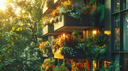 Fototapeta na wymiar Charming Balcony with Flower Pots and Greenery, Urban Gardening in a Cozy City Apartment Setting
