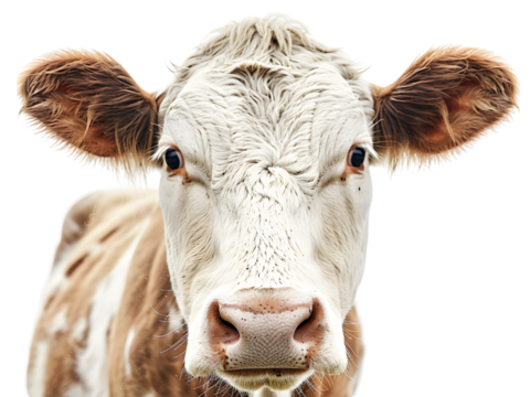 Cow looking in front view, on white, flies on the nose and eyes, red and white stock, happy and isolated cut out

