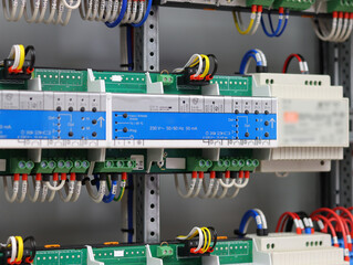 Electronic control modules for apartment automation are installed in an electrical distribution cabinet.