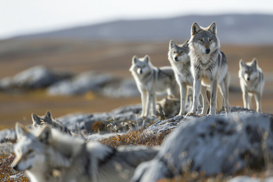 White wolf standing on the rock with mountains