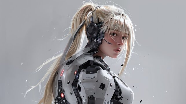 Long blonde hair cyborg anime girl character model future technology AI generated image