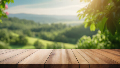Empty wooden table. Summer time. Blurred backyard. Natural mountain landscape. Mock up