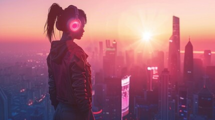 Anime girl character standing on top of downtown building using headphones AI generated image